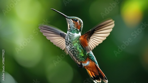 Colorful hummingbird flying gracefully in lush green background, showcasing nature's vibrant beauty and ecological harmony