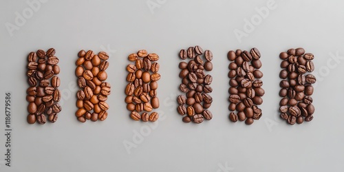 Flavor originating from coffee beans. Coffee beans arranged on a gray surface.