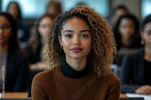 Confident and Engaged:  A young woman with curly hair sits in a lecture hall, her eyes fixed on the speaker, radiating confidence and engagement in an atmosphere of focused learning.  