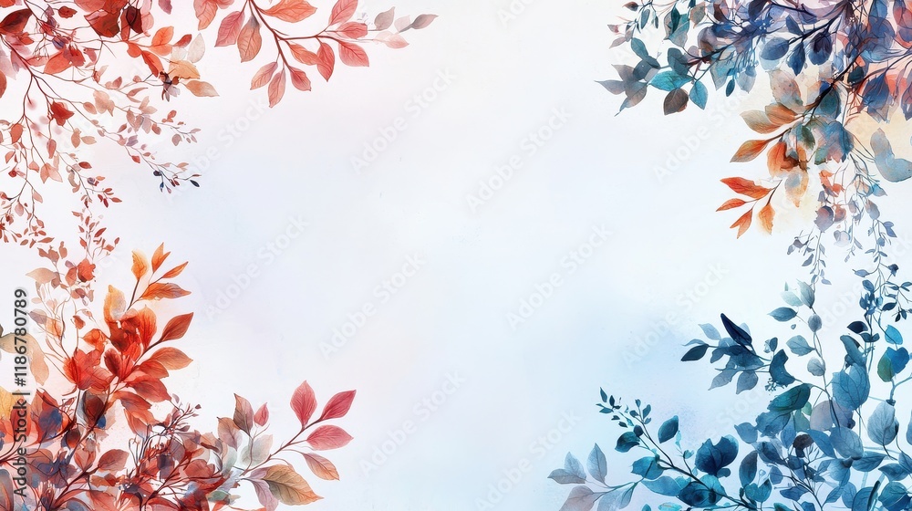 Soft Watercolor Frame of Leafy Branches in Shades of Red and Blue for Elegant Decor Soft Watercolor Frame of Leafy Branches in Shades of Red and Blue for Elegant Decor
