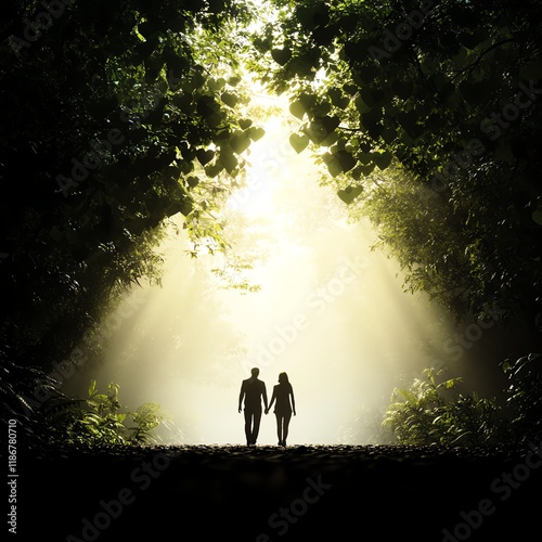 Couple walking through a forest with heartshaped leaves, soft sunlight filtering through, 3D illustration photo