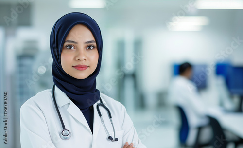 Smiling  female doctor in hijab with stethoscope in a professional clinic. Diversity and professionalism in modern healthcare.   