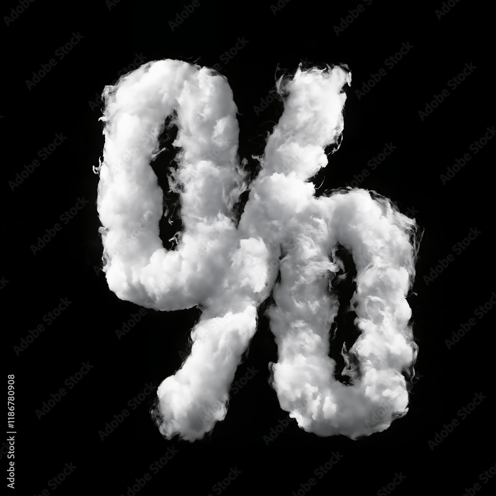 The percent made of puffy white clouds against a black background, has a soft, airy look, resembling real clouds. The bold contrast creates a whimsical, sky-inspired typography design. The percent made of puffy white clouds against a black background, has a soft, airy look, resembling real clouds. The bold contrast creates a whimsical, sky-inspired typography design.