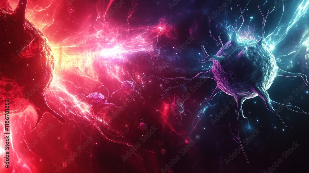 Obraz premium Antibodies engage in a dynamic battle against a virus in a vibrant microscopic environment. Generative AI