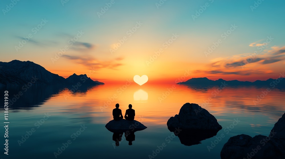 Couple sitting on a rock by the sea, heartshaped sunset reflecting on the water, peaceful romance, 3D illustration Couple sitting on a rock by the sea, heartshaped sunset reflecting on the water, peaceful romance, 3D illustration