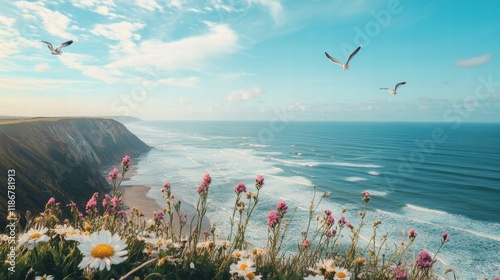 Crashing Waves Meet Towering Cliffs Coastal View Nature Landscape Dramatic Seaside Scene photo