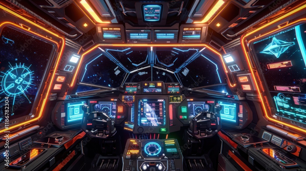 Futuristic spaceship cockpit interior with glowing controls and screens. Futuristic spaceship cockpit interior with glowing controls and screens.