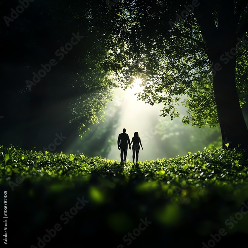 Couple walking through a forest with heartshaped leaves, soft sunlight filtering through, 3D illustration photo