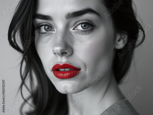 A Young Woman With Red Lips Is Depicted In A Black And White Portrait With A Selective Monochromatic Color Scheme. 00001 photo