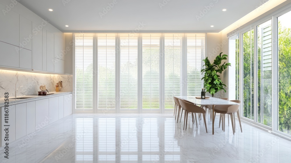 Fototapeta premium Modern bright white kitchen and dining area with large windows and glossy floor.
