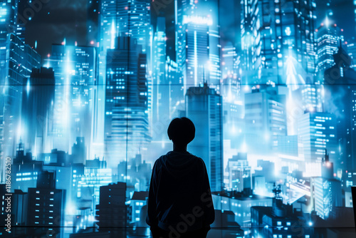 Wallpaper Mural Futuristic Cityscape Silhouette with Glowing Neon Screens, Digital Metropolis at Night, Cyberpunk Urban Skyline, Illuminated High-Tech Architecture Torontodigital.ca