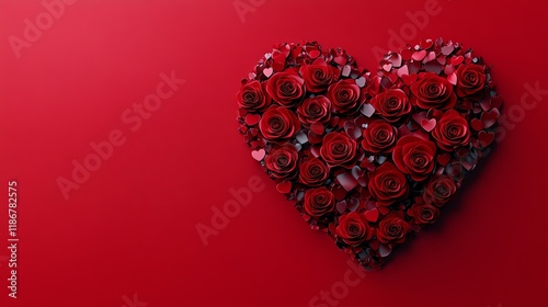 Crystal heart surrounded by floating red roses, luxurious love theme, 3D illustration