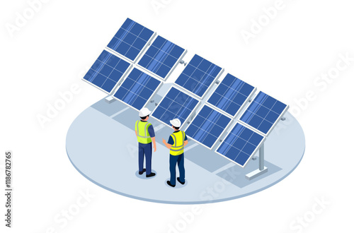 Engineers Inspecting Solar Panels at Solar Farm – Renewable Clean Energy Concept Illustration