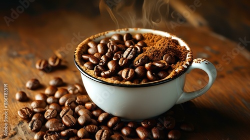 Steaming cup of coffee surrounded by roasted beans, creating warm, inviting atmosphere perfect for morning rituals