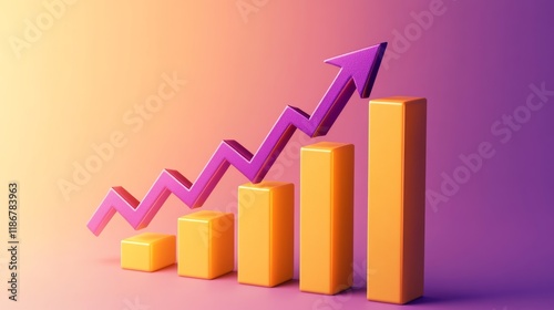 Free Download Increasing orange bar chart with purple arrow pointing up representing positive growth, development and success - GFXLoad