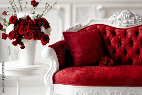 A reupholstered antique settee with luxurious brocade fabric, placed in a tastefully decorated room