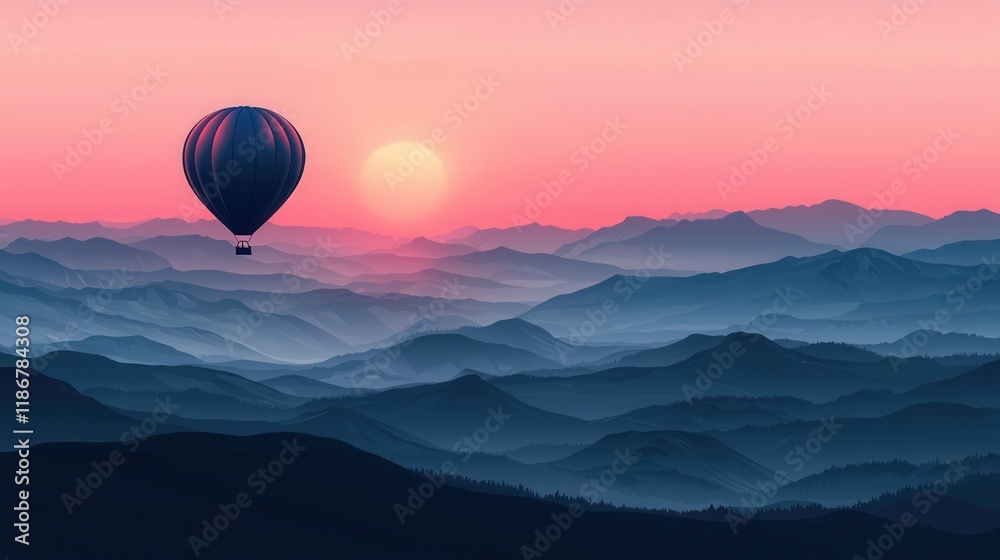 Stylized Vector Illustration of Hot Air Balloon Over Mountain Sunset Scenery Stylized Vector Illustration of Hot Air Balloon Over Mountain Sunset Scenery