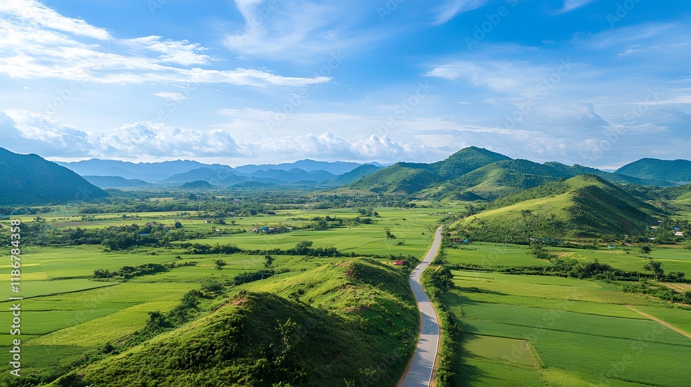 Obraz premium Scenic Road Winding Through Lush Green Valley and Mountains