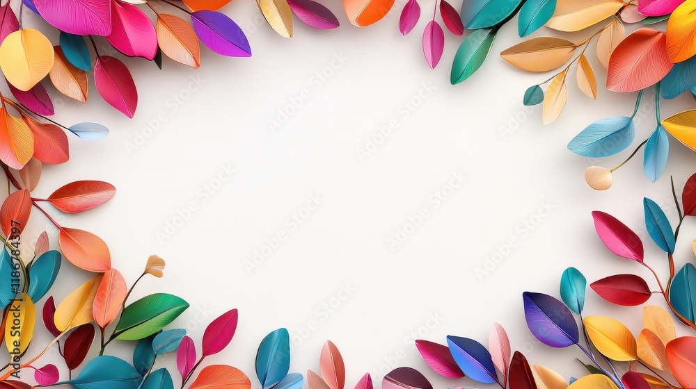 Obraz premium Colorful Whimsical Leaves and Branches Framing a Blank Space for Creative Design Projects