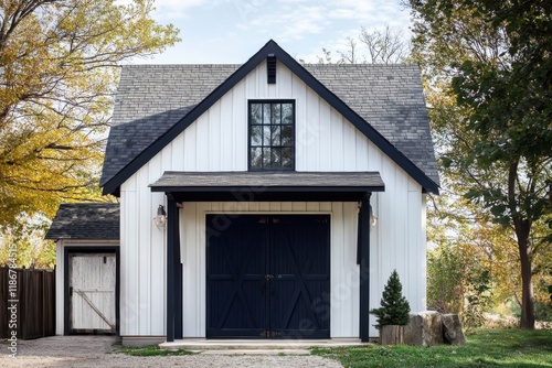 Wallpaper Mural Nestled in a peaceful suburban neighborhood, this charming white barn-style house features dark accents and is beautifully surrounded by trees showcasing vibrant autumn colors Torontodigital.ca