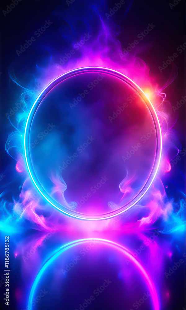 Obraz premium Neon Glowing Circular Frame with Vibrant Lights – Abstract Digital Background for Modern Graphic Design Print Poster and Web Projects