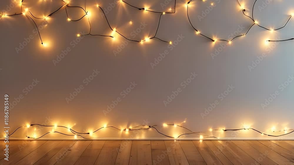 Warm lights adorn a wall, creating a cozy festive backdrop for winter holidays or events