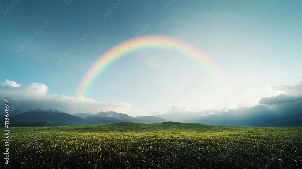 Naklejka premium Heartshaped rainbow over a serene meadow, whimsical and dreamy, 3D illustration