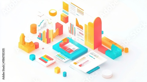 Dynamic isometric view of a business presentation, data report illustration, isolated on white background, bright colors, clear and informative