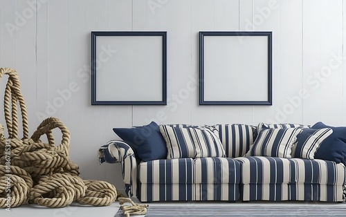 Nautical-themed living room with sofa, rope, and frames; coastal home decor photo