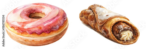Colorful dessert illustration, watercolor style, sweet donut, creamy cannoli, food art, bakery treats, delicious pastries.