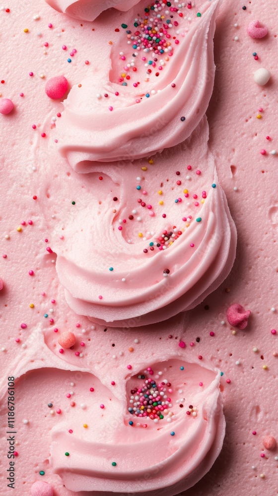 Buttercream icing swirling in soft pink, generously topped with vibrant sprinkles for celebratory dessert charm