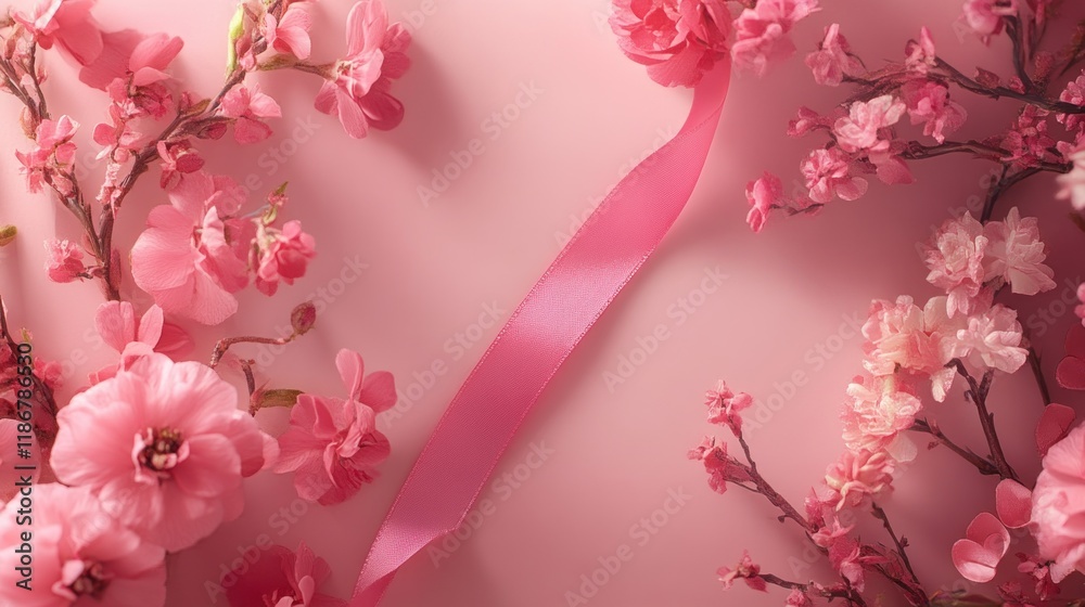 Fototapeta premium Pink flowers and ribbon on pink background.