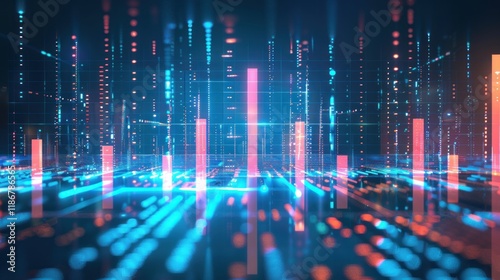 Abstract digital data visualization with glowing bars and lines representing technological progress and futuristic city.