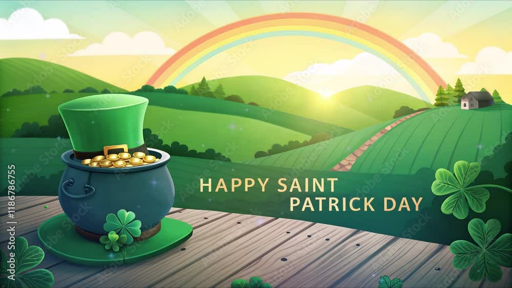  festive saint patrick day with green garden with rainbow in background.