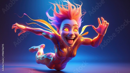3d realistic cute bright neon fantasy character