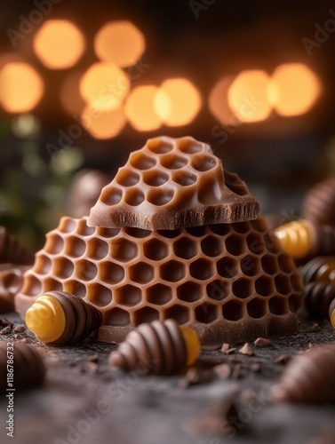 The pile of beehive and honeycomb shape chocolates photo