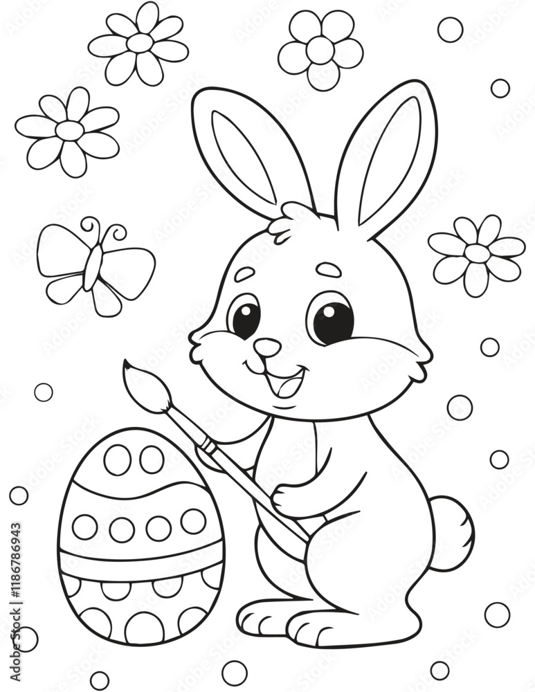 bunny painting easter egg and some flowers, coloring page ready to print on standard 8.5x11 inch paper. eps file