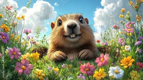 Vibrant Vector Illustration Featuring a Joyful Groundhog Celebrating Groundhog Day with Lush Environment and Bright Skies