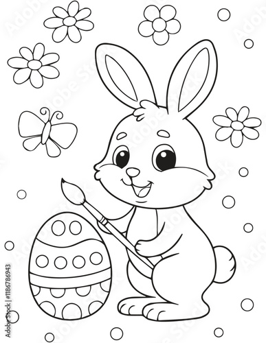 bunny painting easter egg and some flowers, coloring page ready to print on standard 8.5x11 inch paper. eps file