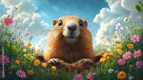 Vibrant Vector Illustration Featuring a Joyful Groundhog Celebrating Groundhog Day with Lush Environment and Bright Skies