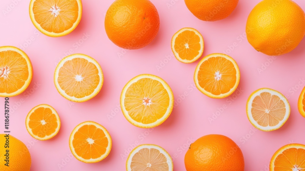 Fototapeta premium Flat lay of oranges and lemons on pink background.