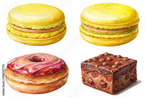 Colorful dessert illustrations, macarons and donuts, sweet treats, watercolor style, bakery art, food design.