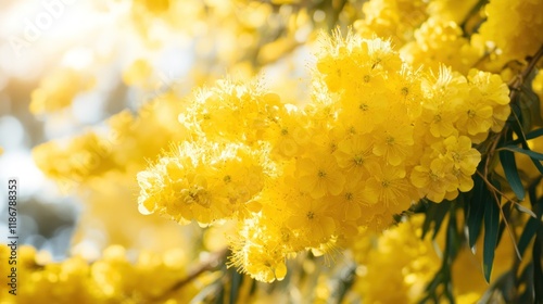 Vibrant yellow mimosa flowers in bloom on a sunny day.