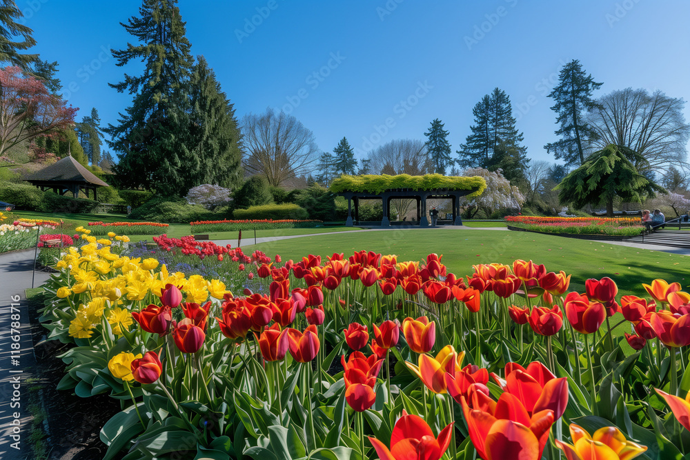 Fototapeta premium Vibrant spring garden filled with blooming tulips.