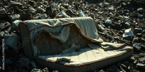 A discarded couch cushion rests amidst a jumble of discarded items, a silent testament to the pervasive nature of waste