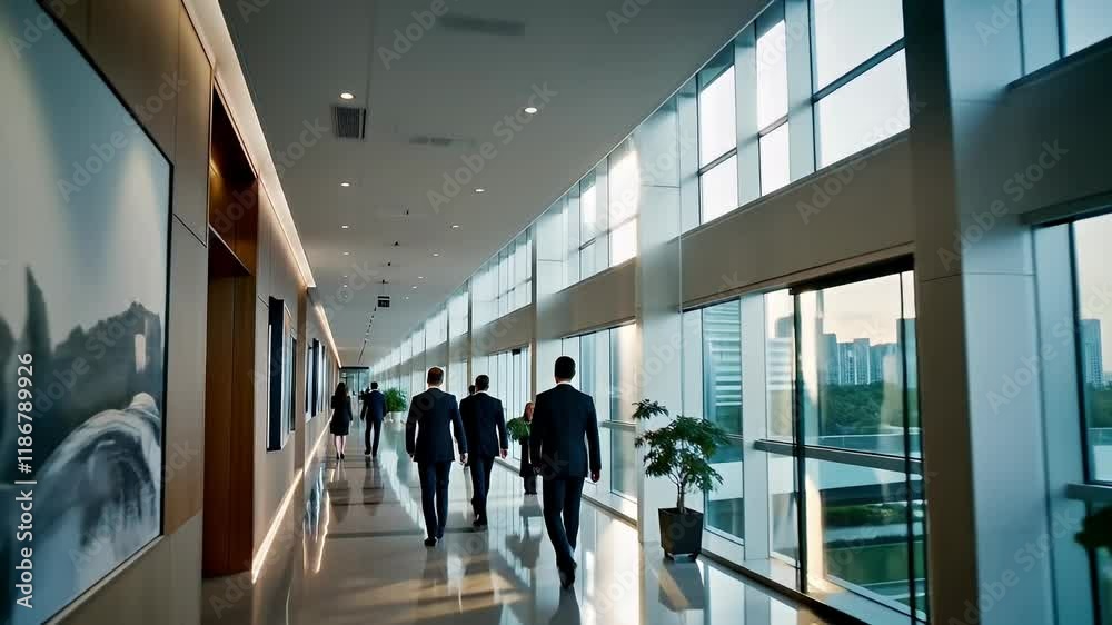 Executives walking purposefully down the main hallway of a large modern company Executives walking purposefully down the main hallway of a large modern company