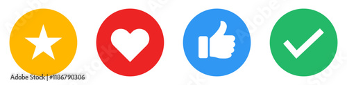 Like, tick, heart and star icon thumb up social media symbol set on white background.  Star, check mark, thumb up and heart icon set. Social Media Button Or badge. 