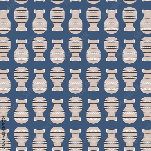 Minimalist pattern of cream colored ceramic vase on dark blue background. Perfect for wallpaper designs, greeting cards, or as a backdrop for classic themed designs.