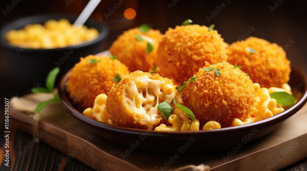 Fried Mac and Cheese Balls with Delicious Mozzarella. Selective Focus on Crispy Golden Balls, Served with Tasty Sauce on a Healthy Wooden Background Fried Mac and Cheese Balls with Delicious Mozzarella. Selective Focus on Crispy Golden Balls, Served with Tasty Sauce on a Healthy Wooden Background
