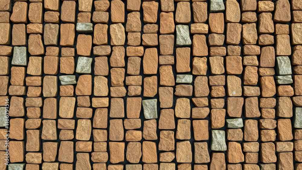 A close-up view of a stone wall made up of irregularly shaped, brown, and tan colored rocks. A close-up view of a stone wall made up of irregularly shaped, brown, and tan colored rocks.